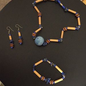 Wood / blue stones necklace, bracelet, earrings